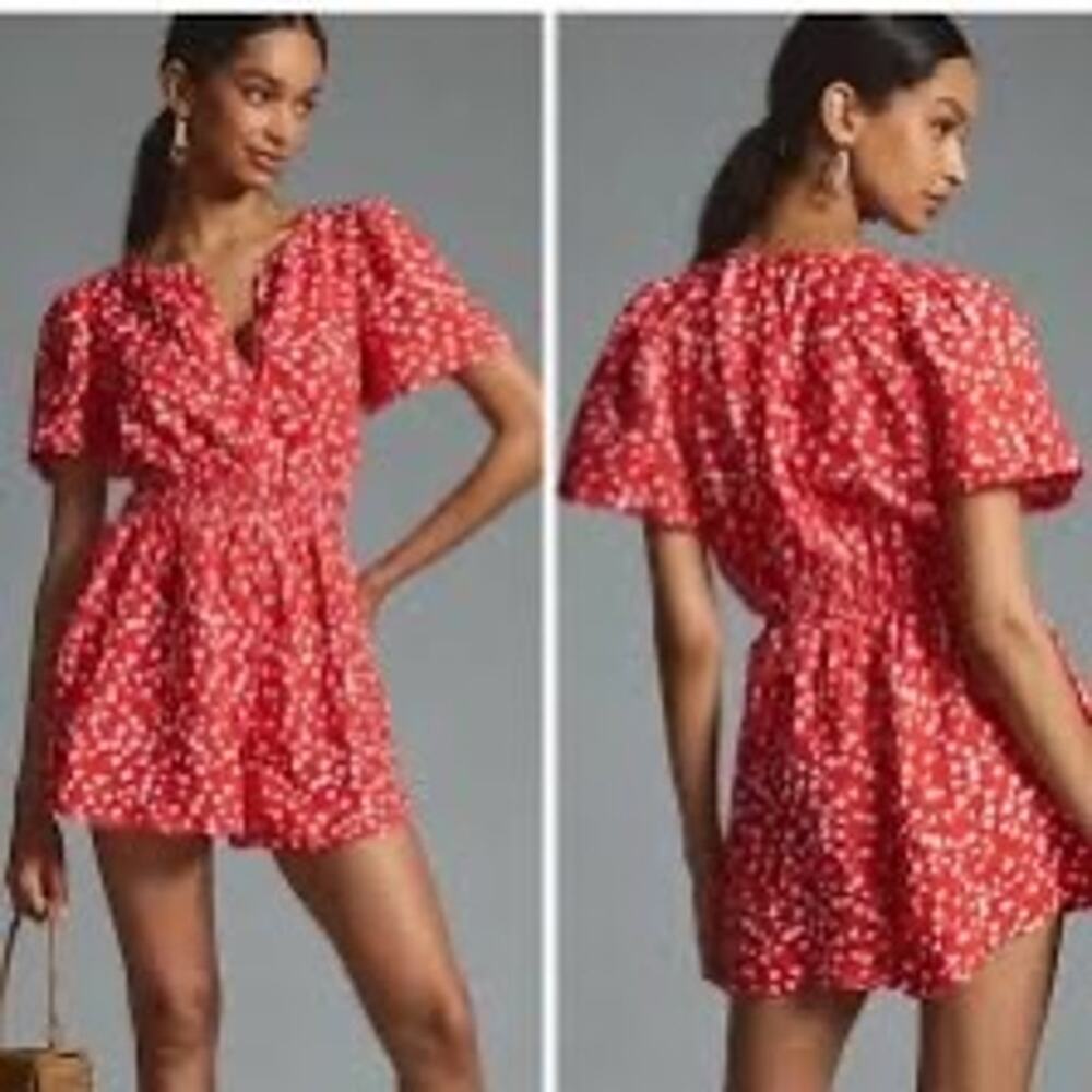 Anthropologie Red Floral Short-Sleeve Romper Somerset